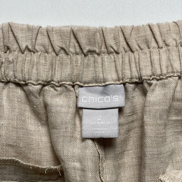 Chico's Linen Resort Pants Sz 2 Beige Pull-On Wide Leg Button Hem Beach Travel - Picture 5 of 11